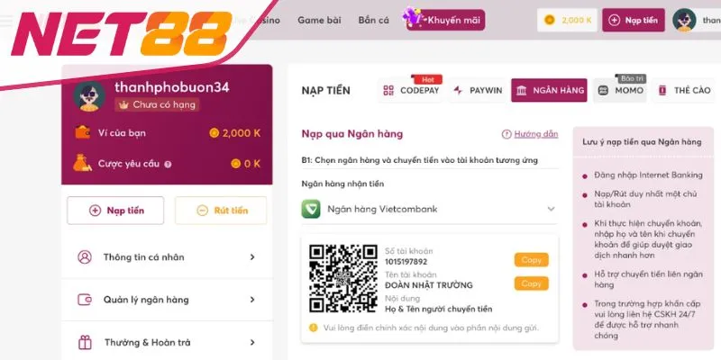 Nạp Tiền Net88 Phương thức nạp tiền Net88 qua tài khoản ngân hàng